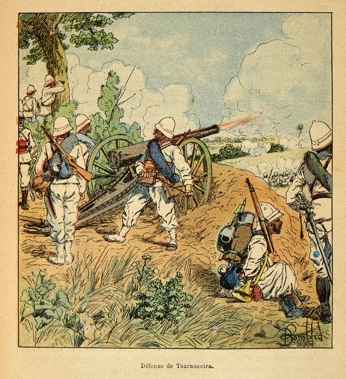 A madagaszkári háború – Az 1885-1895-ös francia expedíciók anekdotikus története, Henri Galli dit Galllichet (1854-1922), illusztrálta Louis Bombled (1862-1927): Tsarasaotra védelme 1895-ben, Magángyűjtemény alkotó: Louis Charles Bombled