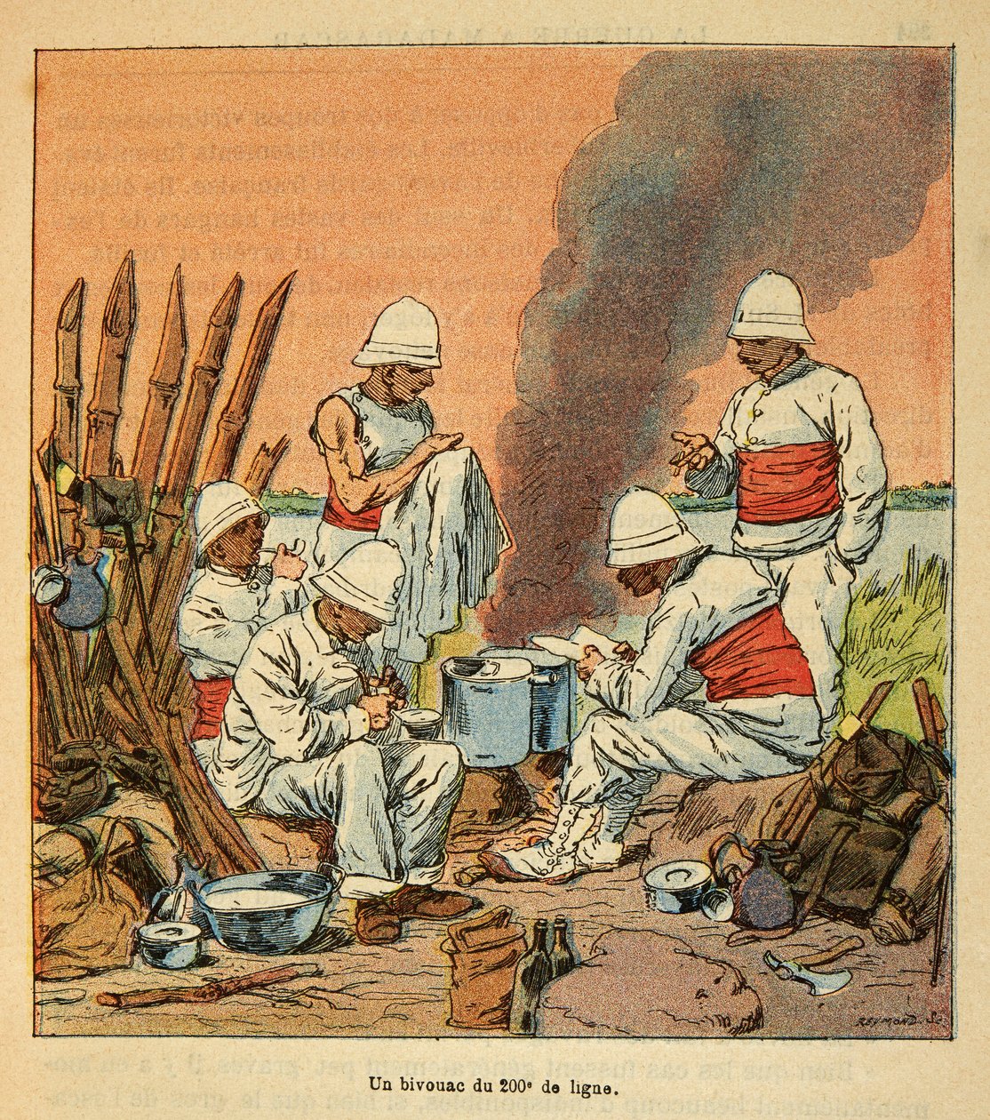 A madagaszkári háború – Az 1885-1895-ös francia expedíciók anekdotikus története, Henri Galli dit Galllichet (1854-1922), illusztrálta: Louis Bombled (1862-1927): A 200. sor bivakja Madagaszkáron 1895-ben, Magángyűjtemény alkotó: Louis Charles Bombled