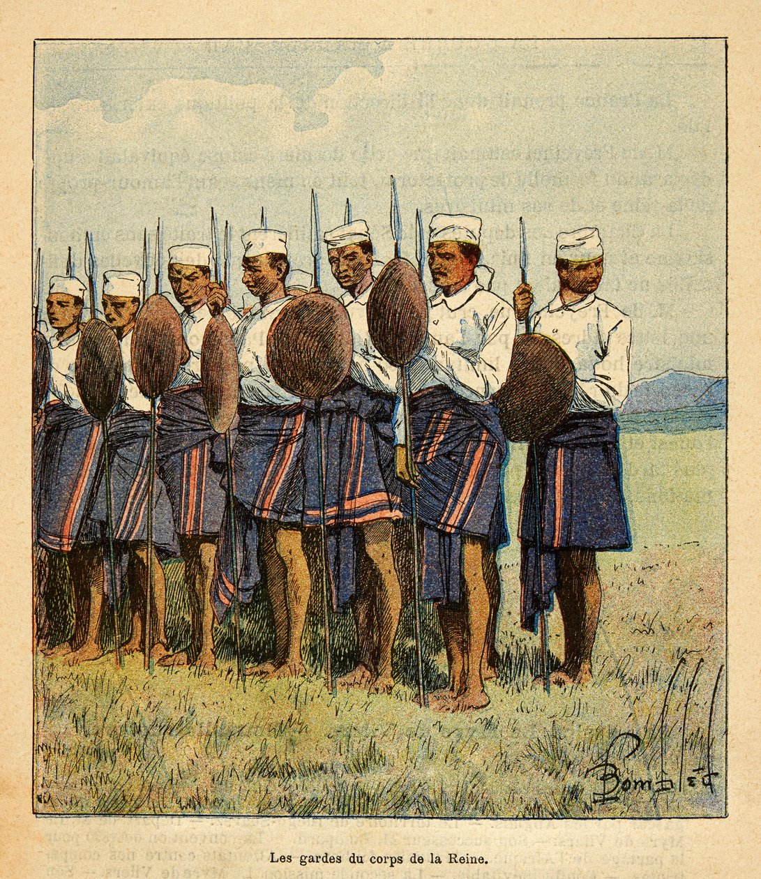A madagaszkári háború – Az 1885-1895-ös francia expedíciók anekdotikus története, Henri Galli dit Galllichet (1854-1922), illusztrálta: Louis Bombled (1862-1927): Ranavalona királynő őrségei, Magángyűjtemény alkotó: Louis Charles Bombled