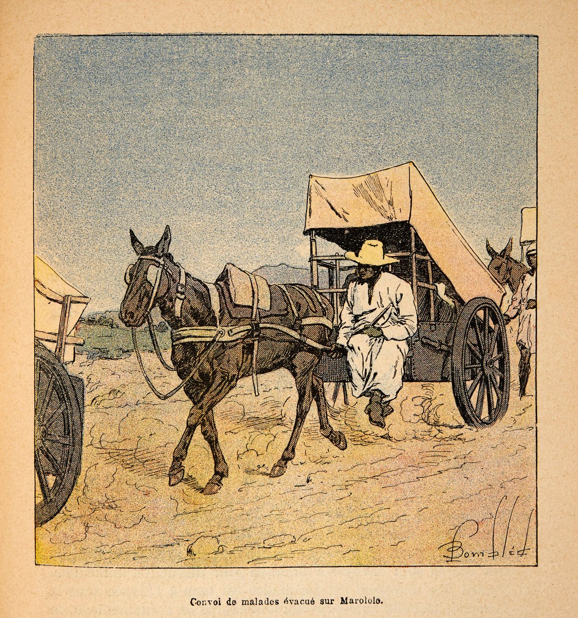 The War in Madagascar-Anecdotal History of the French Expeditions of 1885-1895 by Henri Galli dit Galllichet (1854-1922), illustrated by Louis Bombled (1862-1927): Convoy of Sick Escapes on Marololo, Private Collection alkotó: Louis Charles Bombled