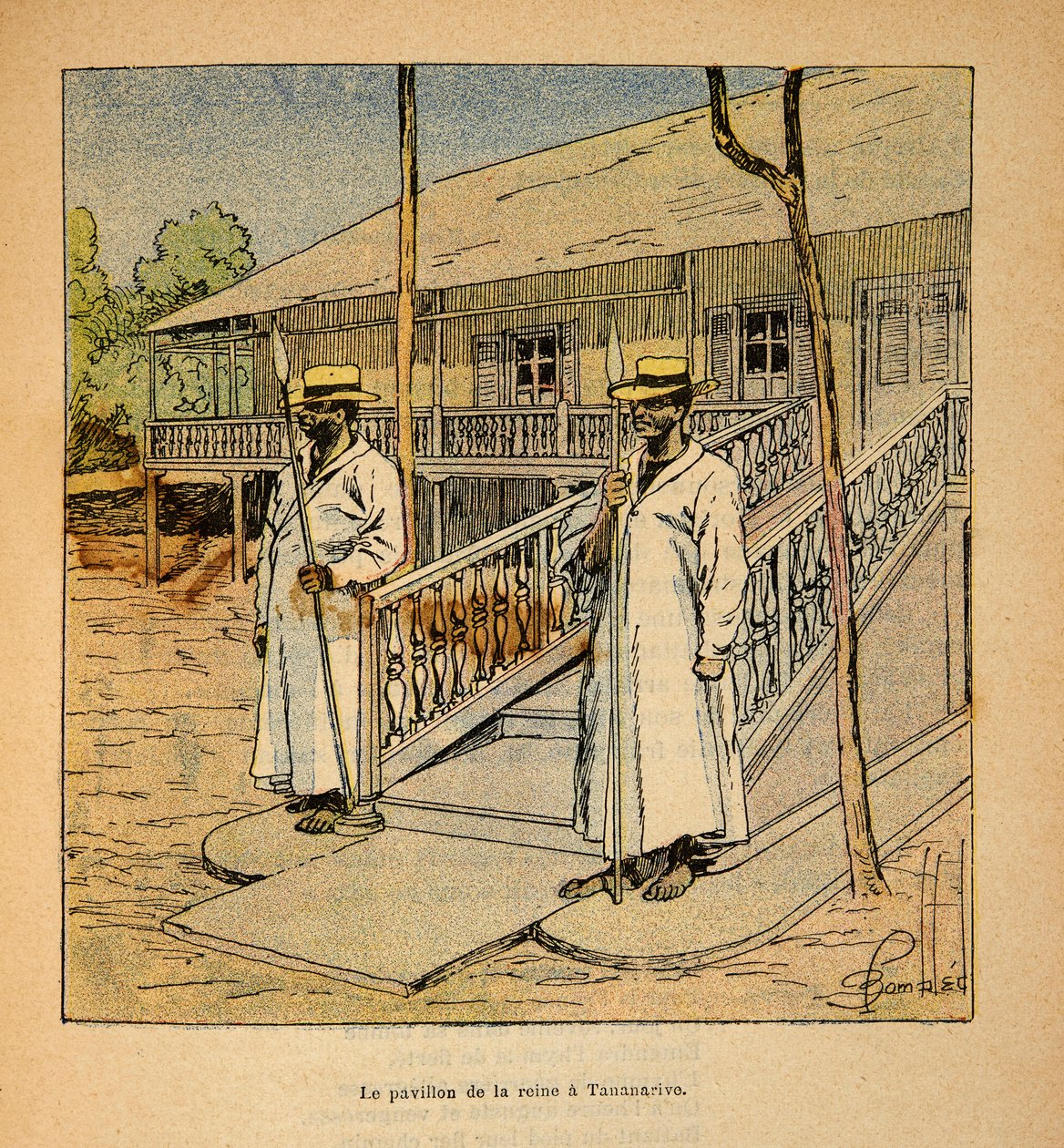 A madagaszkári háború – Az 1885-1895-ös francia expedíciók anekdotikus története, Henri Galli dit Galllichet (1854-1922), illusztrálta Louis Bombled (1862-1927): Ranavalona királynő pavilonja Tananarive-ban 1895-ben, magángyűjtemény alkotó: Louis Charles Bombled