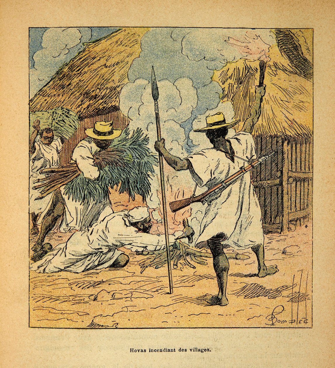 A madagaszkári háború – Az 1885-1895-ös francia expedíciók anekdotikus története, Henri Galli dit Galllichet (1854-1922), illusztrálta Louis Bombled (1862-1927): Hovas égő falvak, Magángyűjtemény alkotó: Louis Charles Bombled