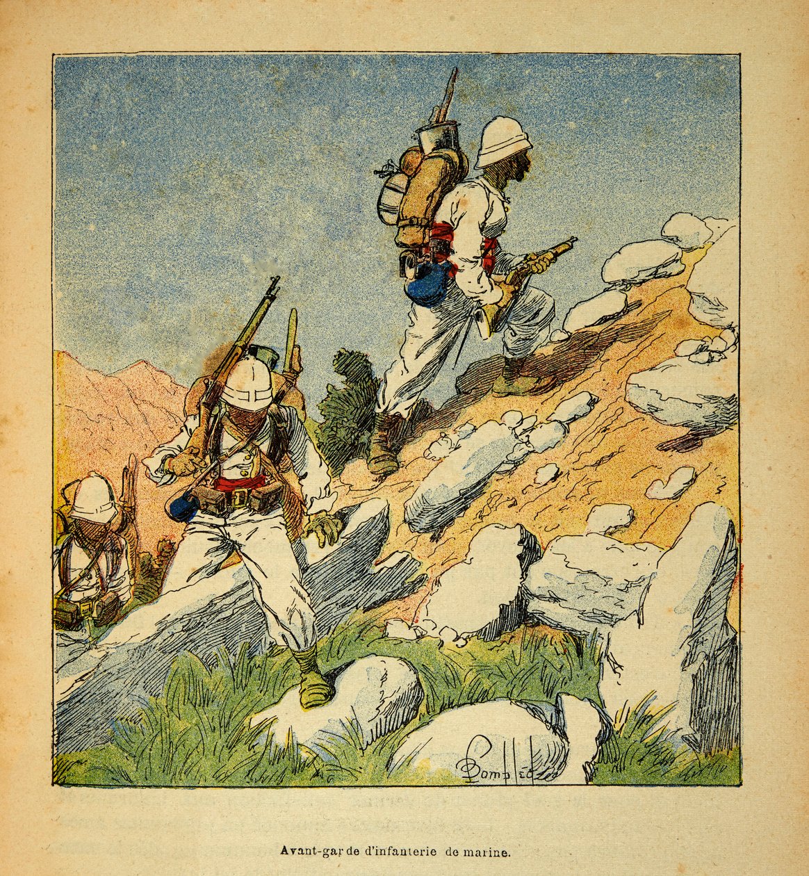 A madagaszkári háború – Az 1885-1895-ös francia expedíciók anekdotikus története, Henri Galli dit Galllichet (1854-1922), illusztrálta: Louis Bombled (1862-1927): A gyalogság avantgárdja Madagaszkáron 1895-ben, Magángyűjtemény alkotó: Louis Charles Bombled