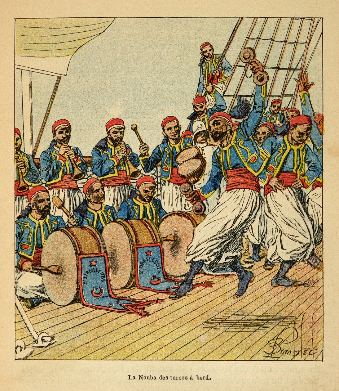 A madagaszkári háború – Az 1885–1895-ös francia expedíciók anekdotikus története, Henri Galli dit Galllichet (1854–1922), illusztrálta: Louis Bombled (1862–1927): Kilenc török ​​a Madagaszkárra vitorlázó hajón, Magángyűjtemény alkotó: Louis Charles Bombled