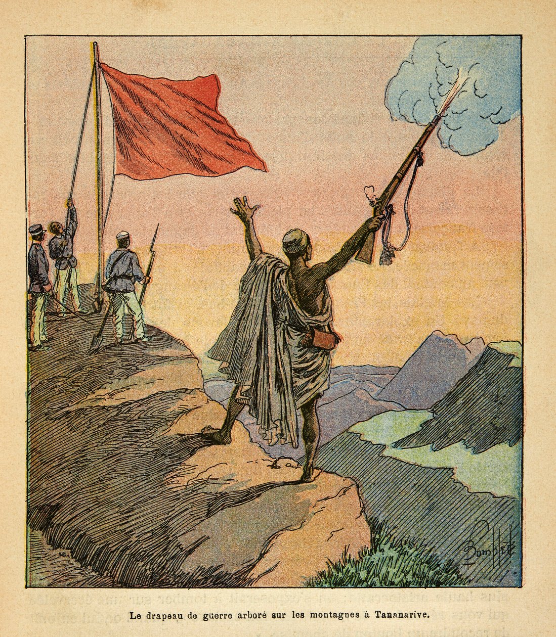 A madagaszkári háború – Az 1885-1895-ös francia expedíciók anekdotikus története, Henri Galli dit Galllichet (1854-1922), illusztrálta Louis Bombled (1862-1927): A madagaszkári vörös háború zászlós üzeme a Tananarive-hegységben, magángyűjtemény alkotó: Louis Charles Bombled
