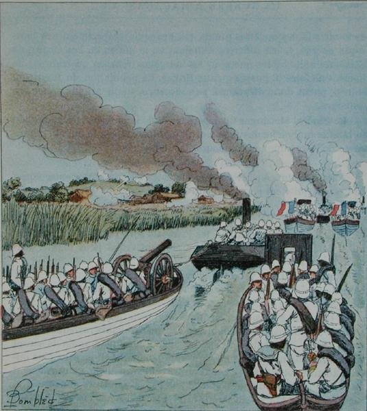 A flottilla támadása a madagaszkári Marovoay ellen, H.Galli "La Guerre a Madagascar" című művéből. alkotó: Louis Charles Bombled