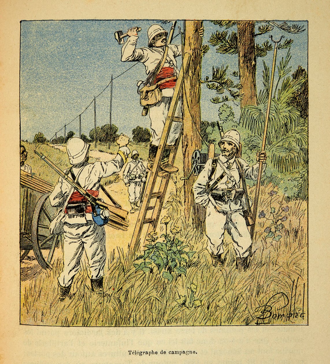 A madagaszkári háború – Henri Galli dit Galllichet (1854-1922) 1885–1895-ös francia expedícióinak anekdotikus története, Louis Bombled (1862–1927) illusztrálásával: A hadjárati távíró megvalósítása a katonaság által 1895-ben Madagaszkáron, magánszemély kol alkotó: Louis Charles Bombled