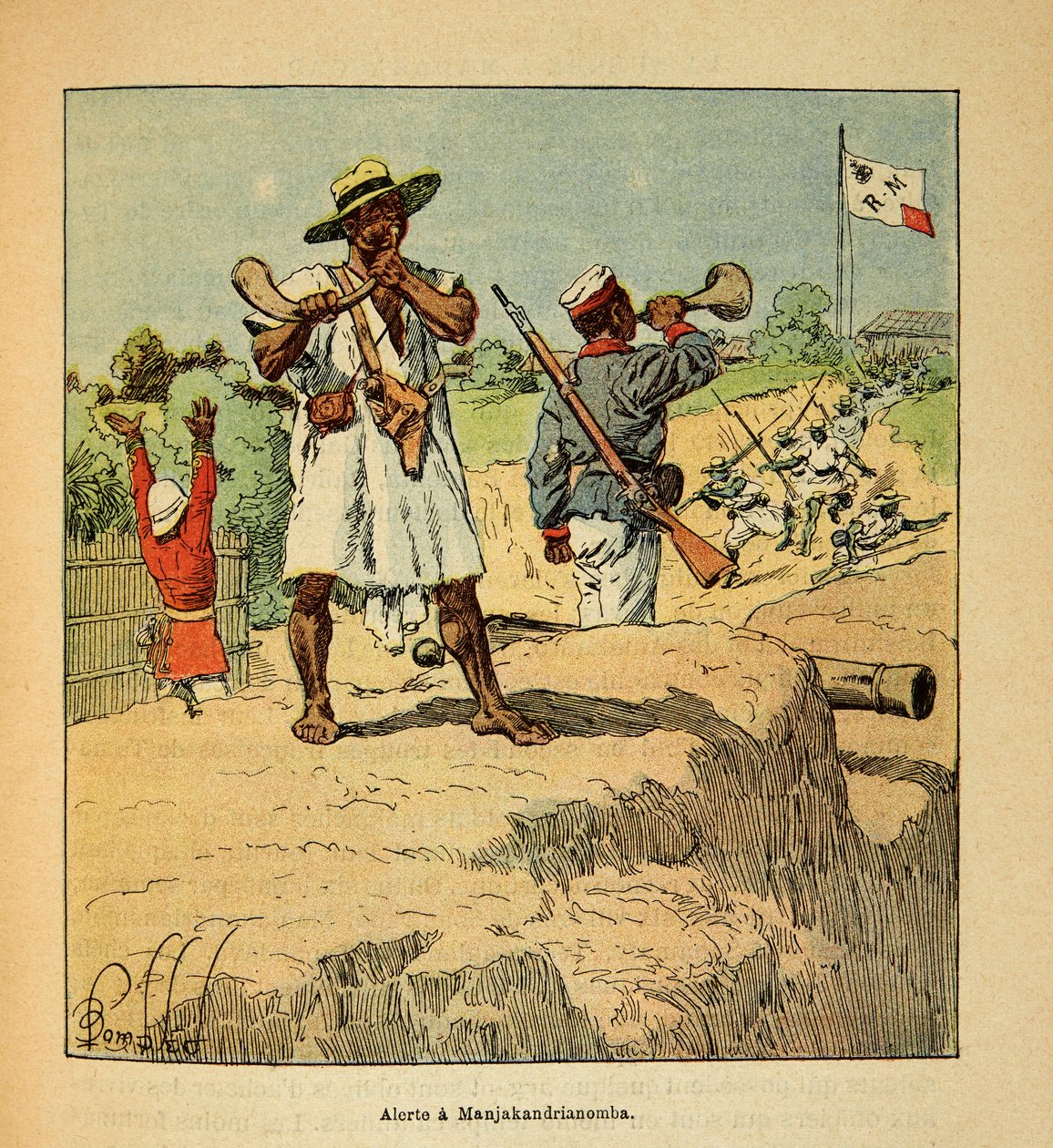 A madagaszkári háború – Henri Galli dit Galllichet (1854-1922) 1885-1895-ös francia expedícióinak anekdotikus története, Louis Bombled (1862-1927) illusztrálásával: Madagaszkári csapatok készenlétben Manjakandrianombában a francia csapatok érkezésekor1895  alkotó: Louis Charles Bombled