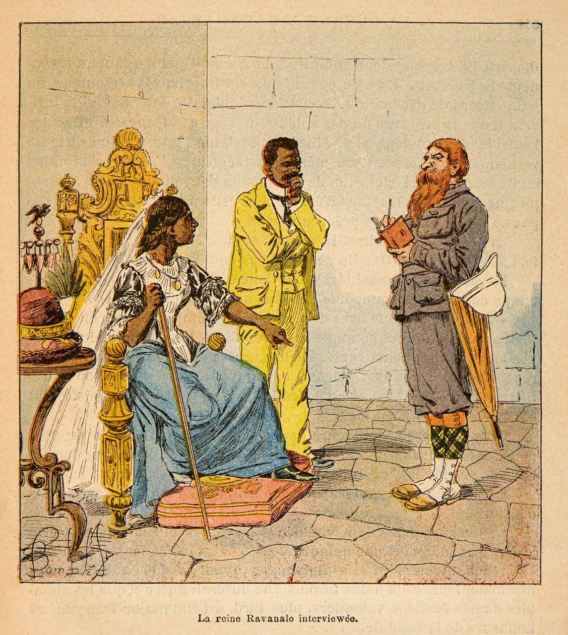 A madagaszkári háború – Henri Galli dit Galllichet (1854-1922) 1885-1895-ös francia expedícióinak anekdotikus története, Louis Bombled (1862-1927) illusztrálásával: egy angol újságíró interjút készített Ravanalo királynővel 1895-ben a királynő jelenlétében alkotó: Louis Charles Bombled