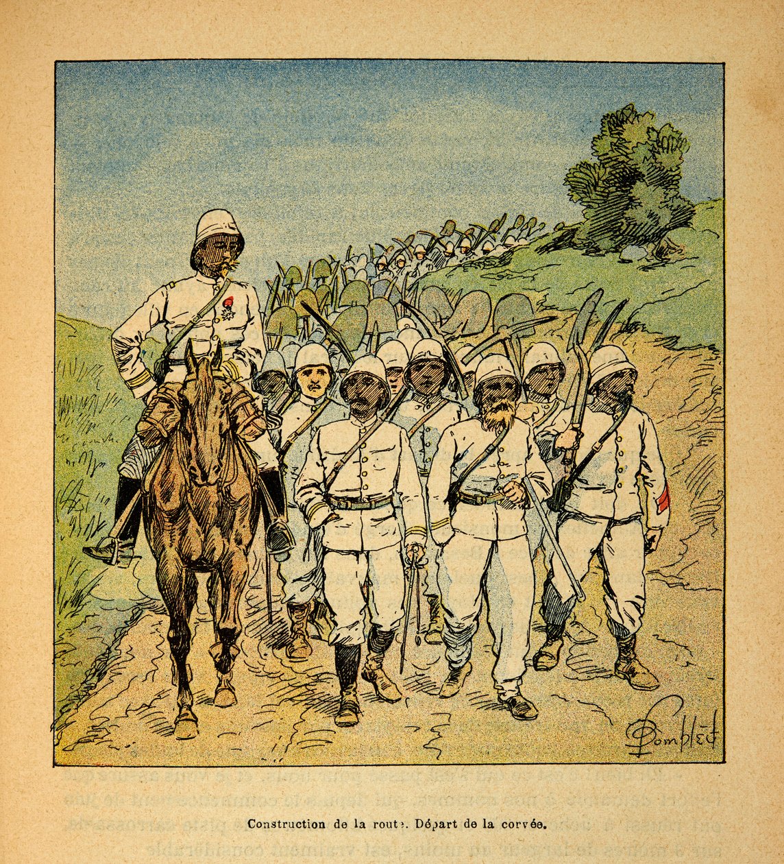 A madagaszkári háború - Az 1885-1895-ös francia expedíciók története Henri Galli dit Galllichet (1854-1922) tollából, Louis Bombled (1862-1927) illusztrációjával: Útépítés Madagaszkáron, a corvee kezdete, magángyűjtemény. alkotó: Louis Charles Bombled
