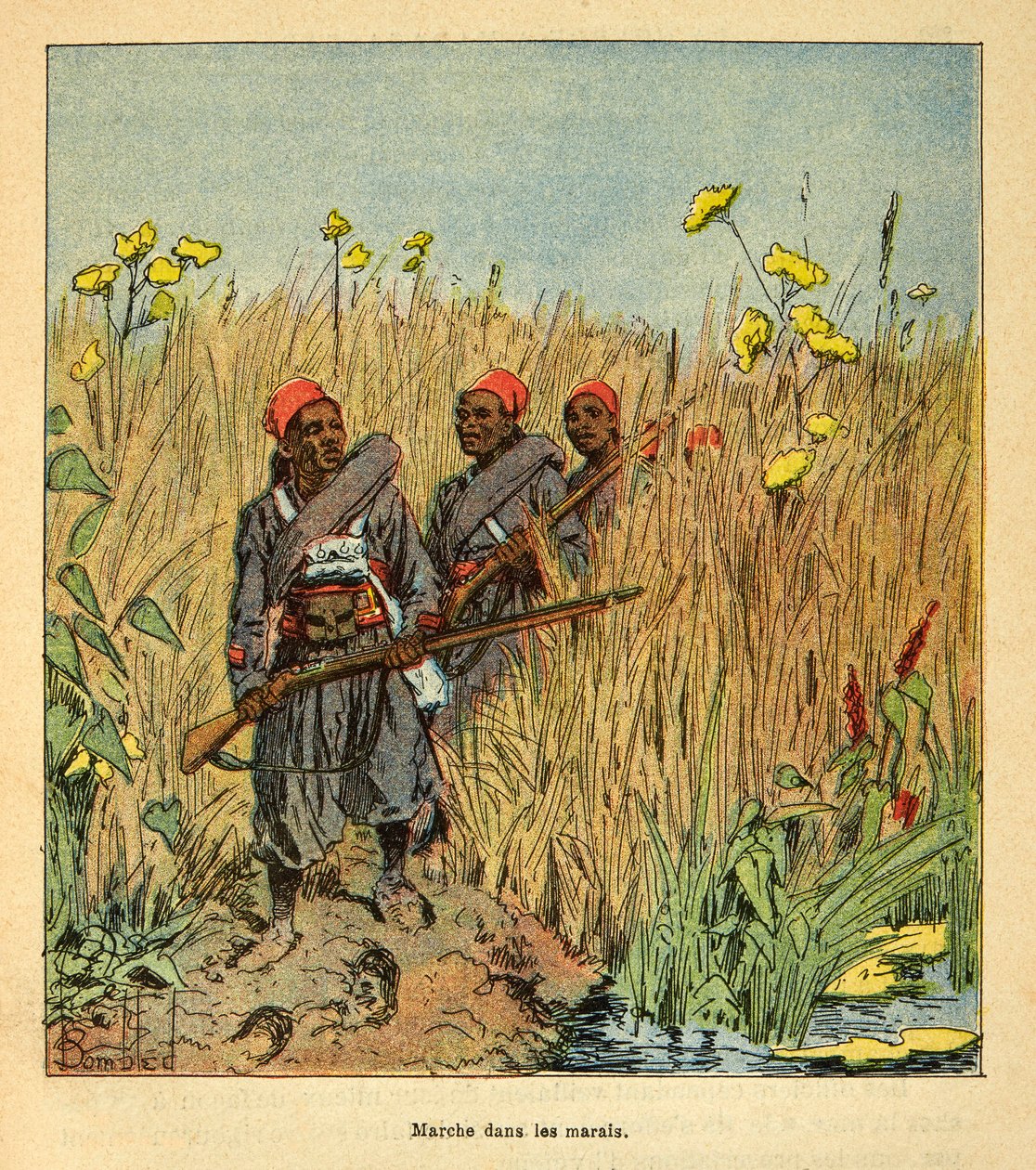 A madagaszkári háború – Henri Galli dit Galllichet (1854-1922) 1885-1895-ös francia expedícióinak anekdotikus története, Louis Bombled (1862-1927) illusztrálásával: Francia csapatok expedíción a madagaszkári mocsarakban 1895-ben, magángyűjtemény alkotó: Louis Charles Bombled