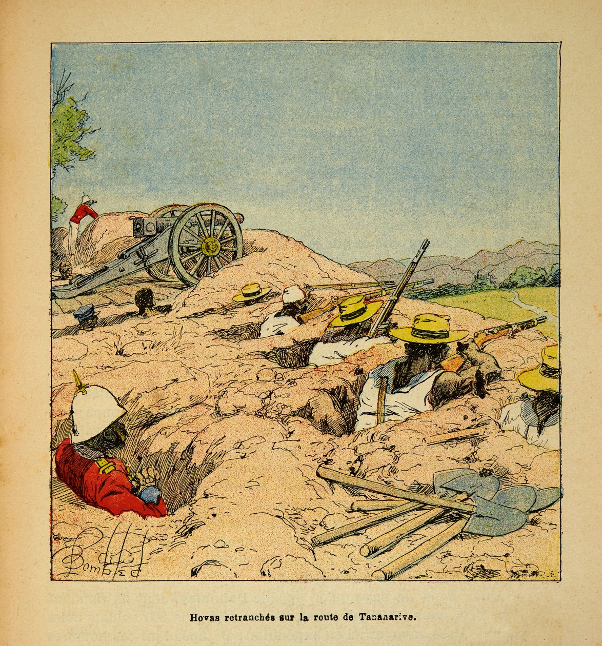 A madagaszkári háború – Henri Galli dit Galllichet (1854-1922) 1885–1895-ös francia expedícióinak anekdotikus története, Louis Bombled (1862–1927) illusztrálásával: Hovas társulat lövészárkai a Tannarive felé vezető úton 1895-ben, Magángyűjtemény alkotó: Louis Charles Bombled