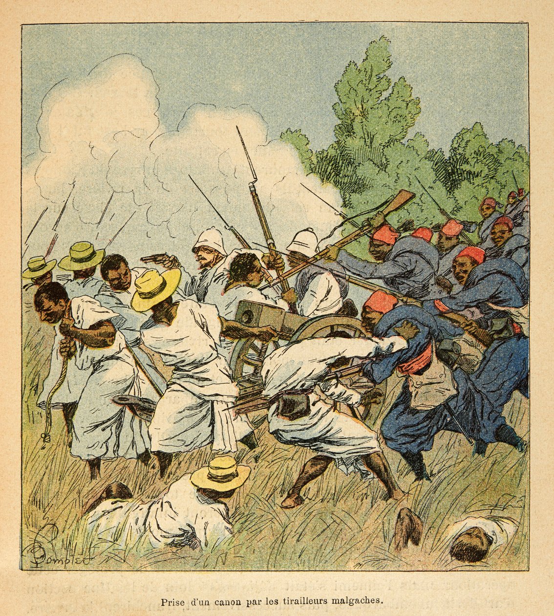 A madagaszkári háború – Henri Galli dit Galllichet (1854-1922) 1885–1895-ös francia expedícióinak anekdotikus története, Louis Bombled (1862–1927) illusztrálásával: A madagaszkáriak ágyút ragadtak el az ambolomontyi csaták során 1895-ben, a Private Collect alkotó: Louis Charles Bombled