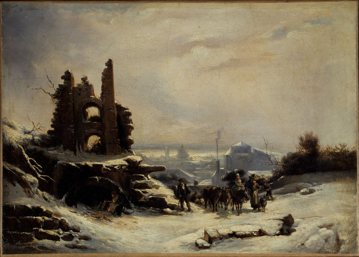 Visszatérés a piacról (hóhatás Párizsban), 1830 körül (olaj, vászon) alkotó: Louis Claude Mallebranche