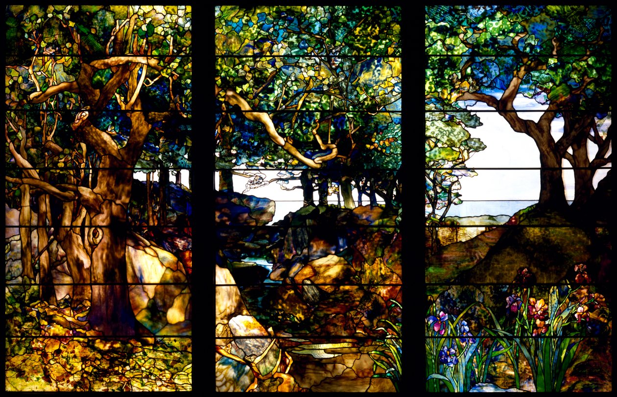 Erdős táj három táblában, 1905 körül (üveg, rézfólia, ólom és fa) alkotó: Louis Comfort Tiffany