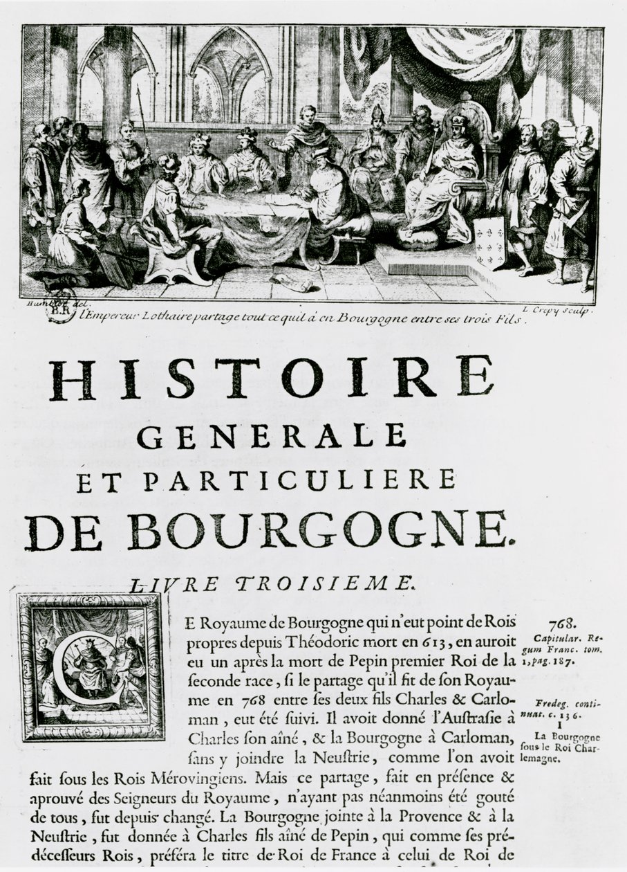 A "Histoire de Bourgogne" frontképe, Lothair császárt ábrázolva alkotó: Louis Crepy