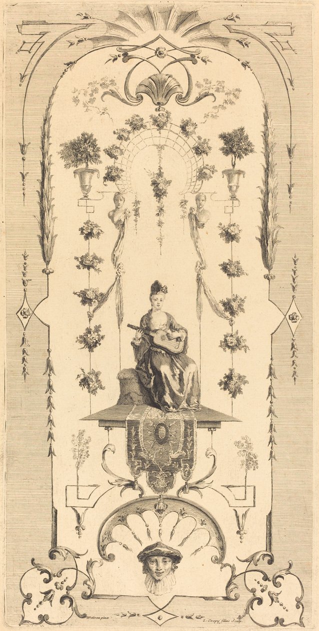 Ülő nő gitározik alkotó: Louis Crépy after Antoine Watteau