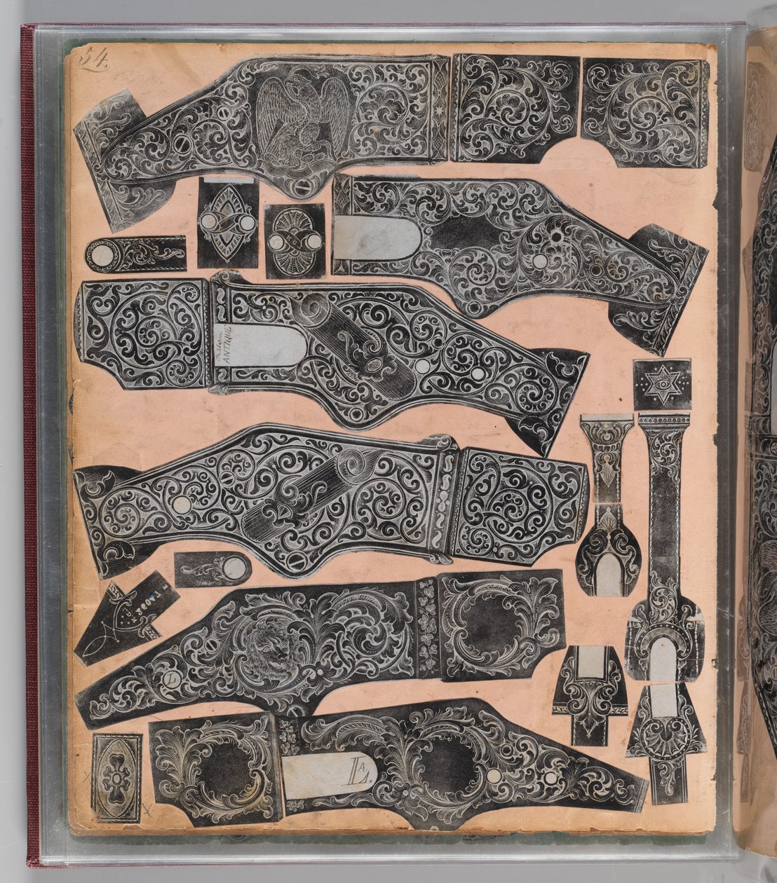 Munkafüzet Louis D. Nimschke vésett lőfegyverdíszének rögzítése, amerikai, 1850-1900. alkotó: Louis D. Nimschke