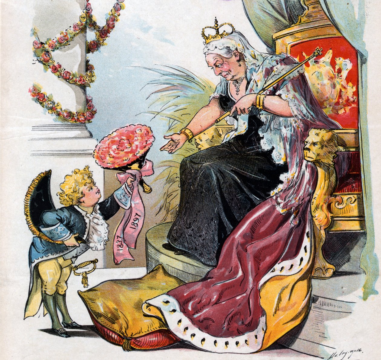 Puck meghajol és átnyújt egy "1837 1897" feliratú virágcsokrot Viktória királynőnek. alkotó: Louis Dalrymple