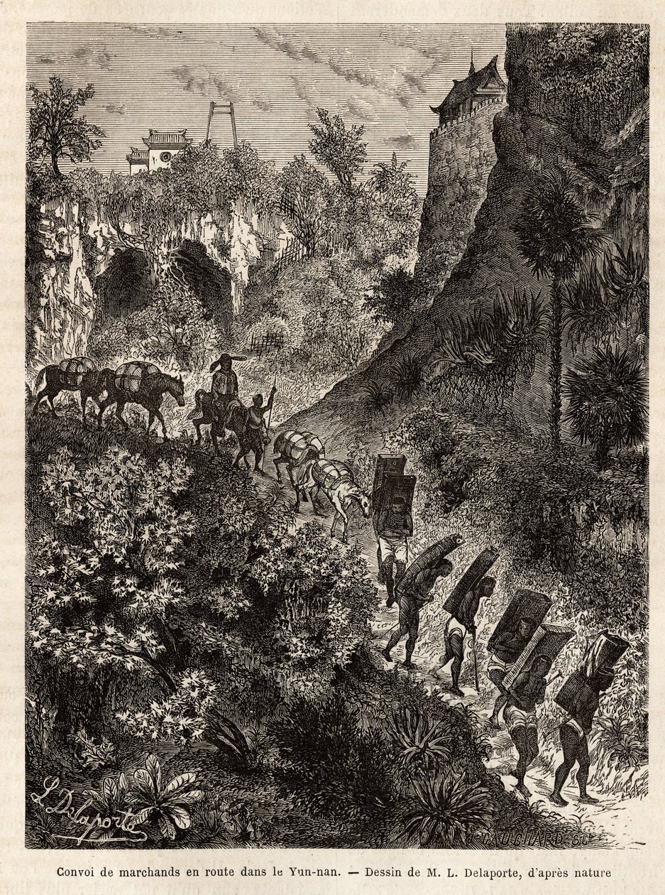 Kereskedőkből és portásaikból álló konvoj Yunnan (Kína) felé haladva, L. Delaporte rajza után vésve, Francis Garnier hajóhadnagy 1866–1868-as indokínai felfedezőútjának illusztrálására, megjelent a „” Le. tour du monde”” 187 alkotó: Louis Delaporte
