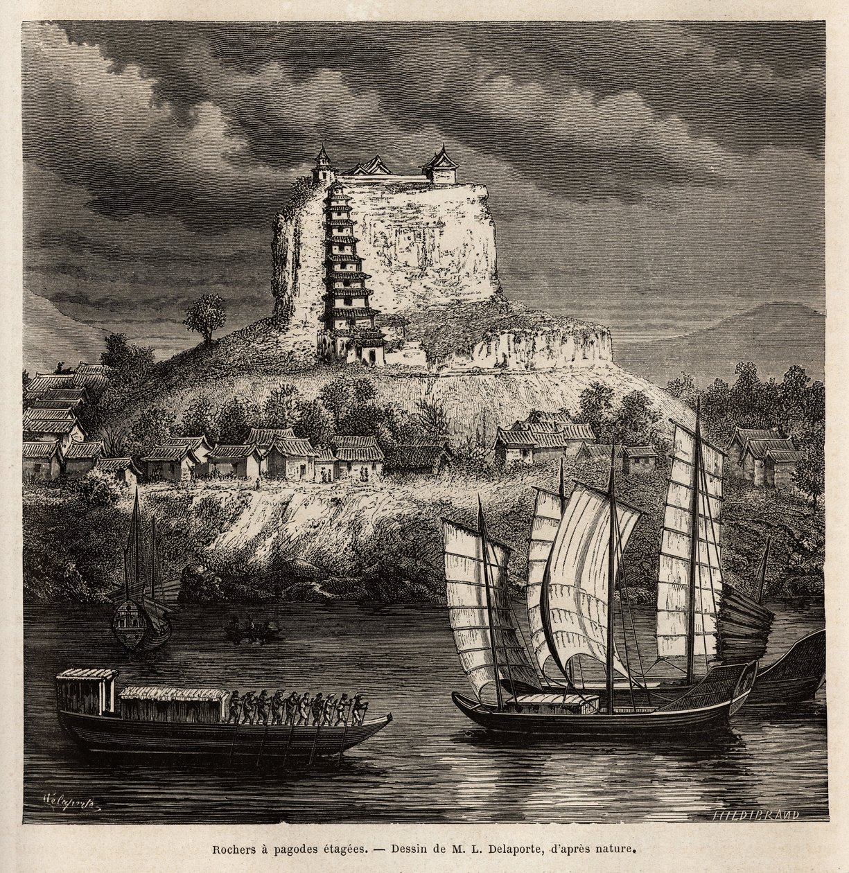 Egy szikla pagoda lépcsőkkel és különféle csónakokkal a kék folyón (Kína), L. Delaporte rajza után metszett, Francis Garnier hajóhadnagy 1866-1868-as indokínai felfedezőútjának illusztrálására, megjelent a „ ” Le tour du monde alkotó: Louis Delaporte
