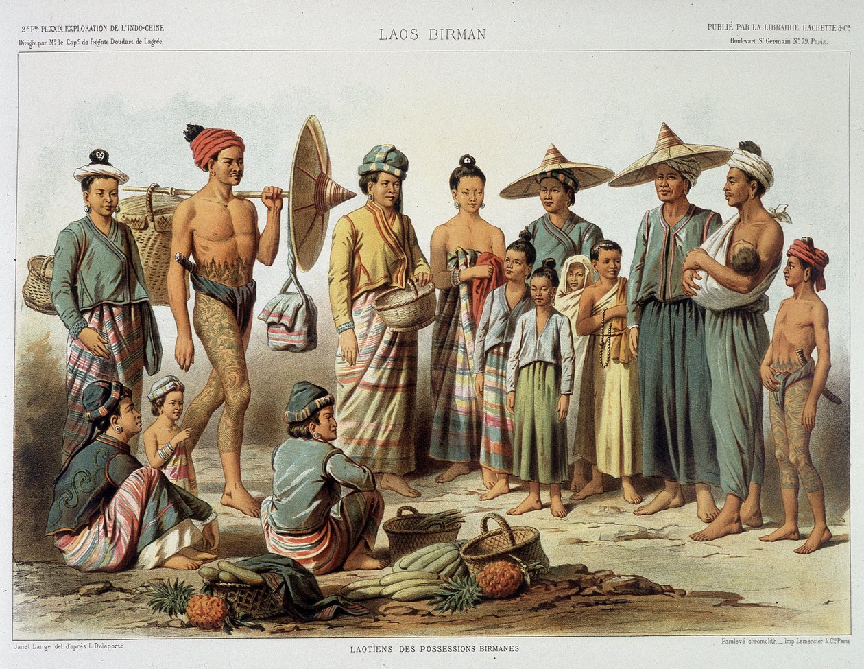 Laoszi lakosság 1870 körül a Francis Garnier Paris "" Utazás az Indokínában 1866-1868" című könyvében alkotó: Louis Delaporte