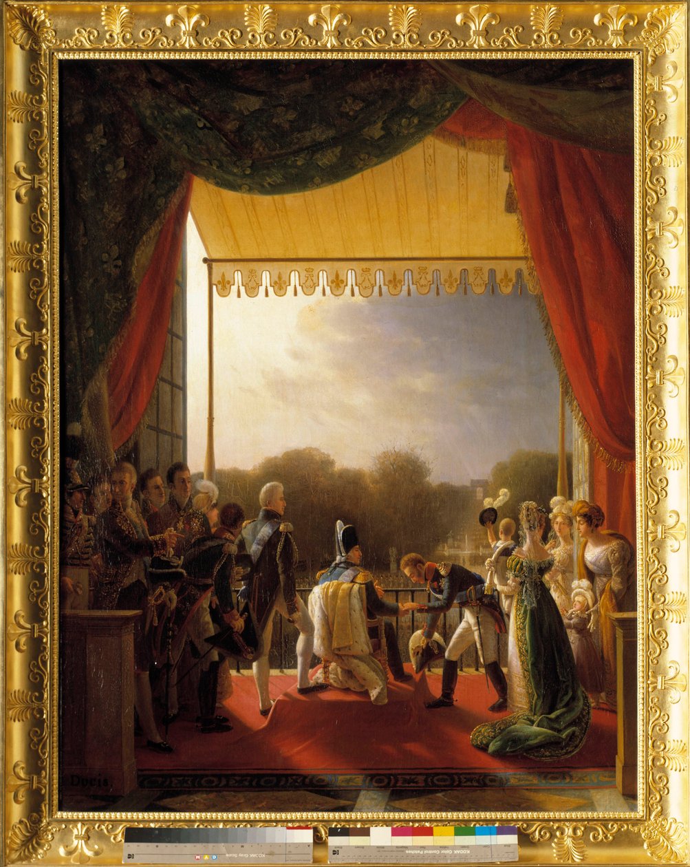 XVIII. Lajos, a királyi család tagjaival körülvéve, a Tuileriák erkélyén járt a spanyol hadsereg visszatérésekor, december 2-án. alkotó: Louis Ducis