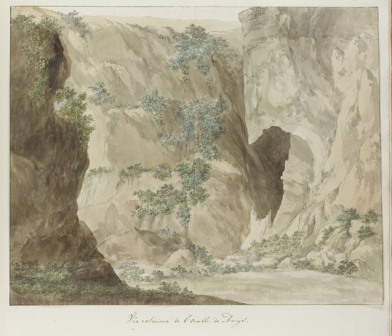 Buitenwand van de grot Dionysius füle Dionysius fülének külső képe (cím a tárgyon) Utazások Olaszországban, Szicíliában és Máltán - 1778 (sorozat címe) alkotó: Louis Ducros