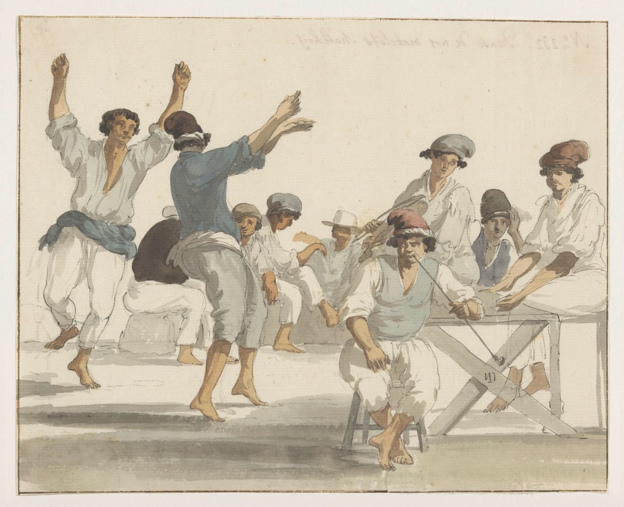 Dansende maltezer matrozen Máltai tengerészeink tánca (cím a tárgyon) Utazások Olaszországban, Szicíliában és Máltán - 1778 (sorozat címe) alkotó: Louis Ducros