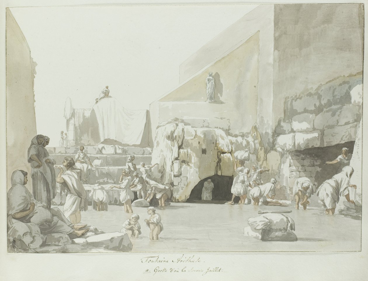 Fontein Arethuse találkozott bronnal Arethuse-kút (cím a tárgyon) Utazások Olaszországban, Szicíliában és Máltán - 1778 (sorozat címe) alkotó: Louis Ducros