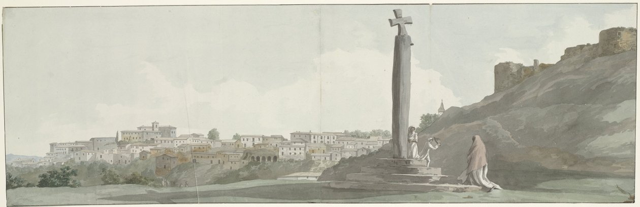 Gezicht op Arriano en monument, zogenaamde altaar van Janus Kilátás Arriano városára (Equuotuticum), az Ianus oltárának nevezett ősi emlékműre és a lerombolt erődre (cím a tárgyon) Utazások Olaszországban, Szicíliában és Máltán - 1778 (sorozat címe) alkotó: Louis Ducros