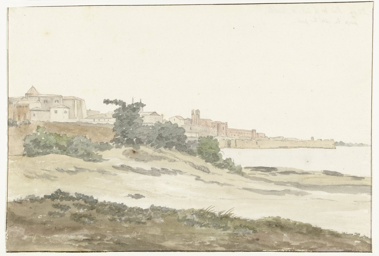 Gezicht op Barletta gelegen aan de kust Barletta városának kilátása a tenger partjáról (cím a tárgyon) Utazások Olaszországban, Szicíliában és Máltán - 1778 (sorozat címe) alkotó: Louis Ducros