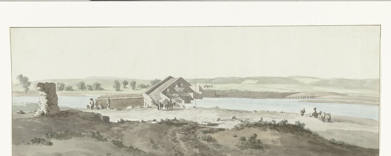 Gezicht op Canosa híd az Ofanto folyón Pugliában Kilátás a Pont de Canosára az Ofanto (Aufidus) felett (cím a tárgyon) Utazás Olaszországba, Szicíliába és Máltába – 1778 (sorozat címe) alkotó: Louis Ducros