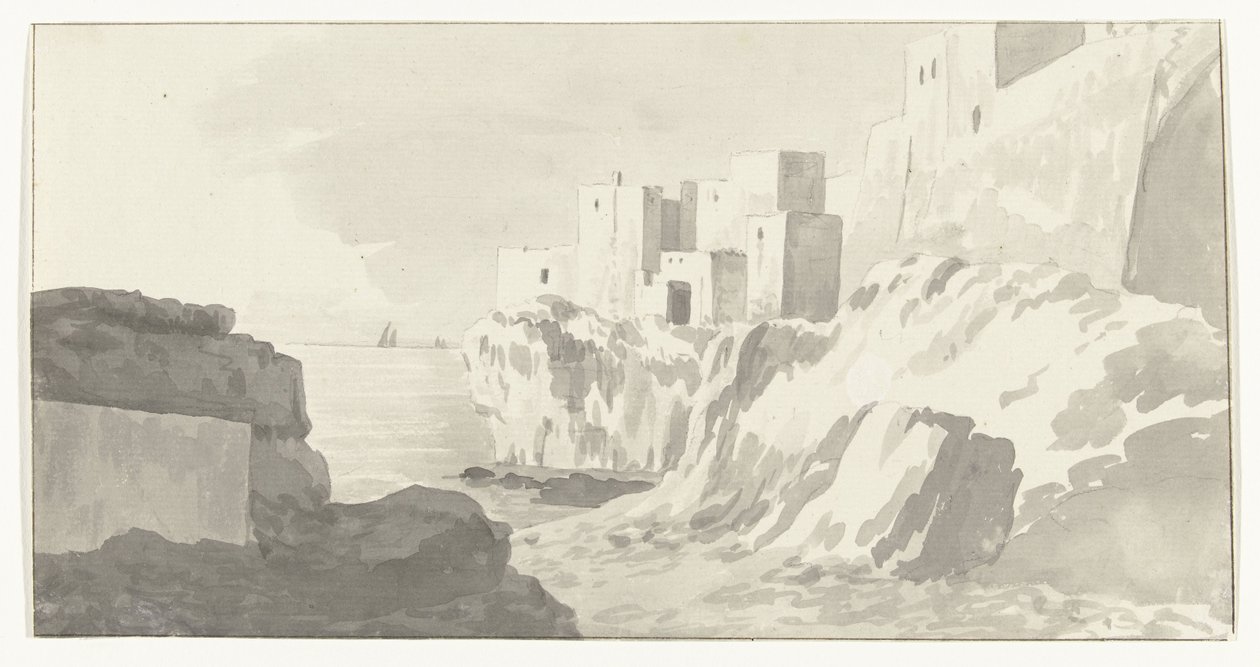 Gezicht op Polignano Kilátás a városra Polignano (cím a tárgyon) Utazások Olaszországban, Szicíliában és Máltán - 1778 (sorozat címe) alkotó: Louis Ducros