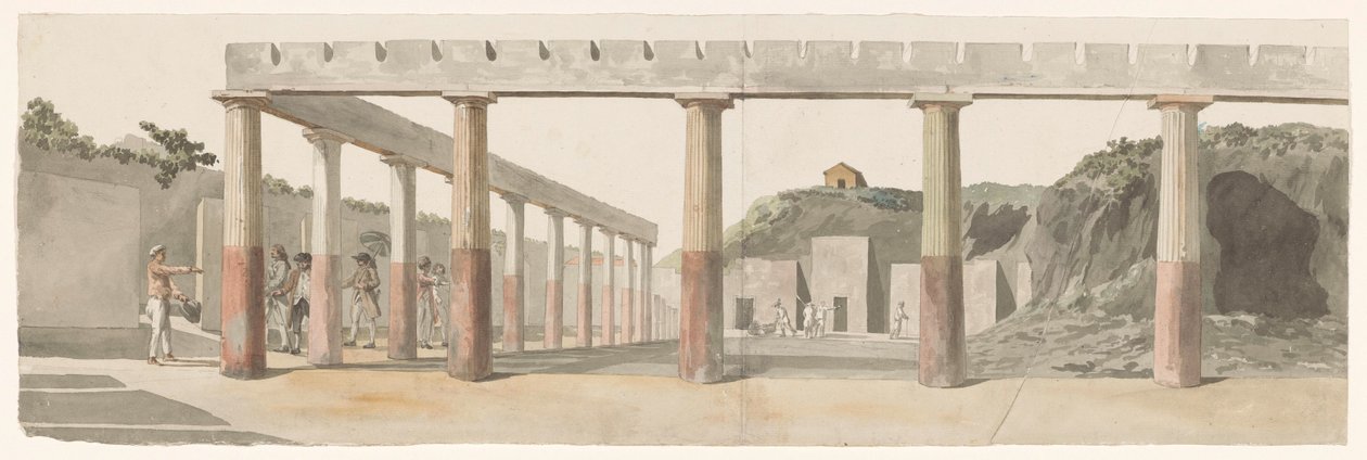 Kilátás a római laktanyára és az oszlopcsarnokra Pompeiiben Vue des Casernes Romaines és de la Colonnade de Pompeja (cím a tárgyon) Voyage en Italy, en Sicile et à Malte – 1778 (sorozat címe) alkotó: Louis Ducros