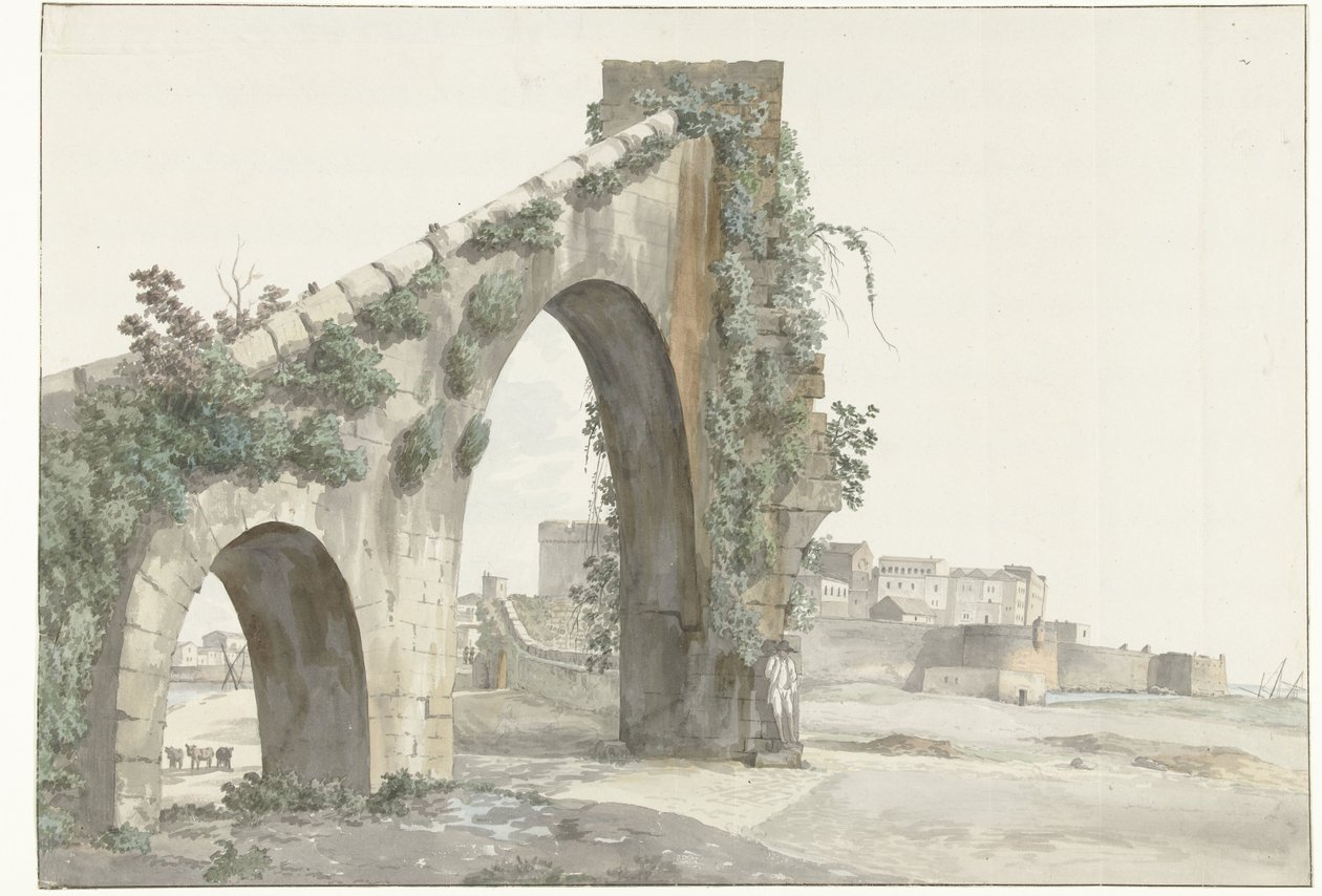 Gezicht op aquaduct en de stad Taranto Kilátás az Aquaductra és Taranto városára (cím a tárgyon) Utazások Olaszországban, Szicíliában és Máltán - 1778 (sorozat címe) alkotó: Louis Ducros