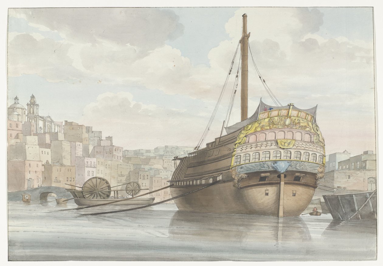 Gezicht op haven met galei schip vlakbij de werf A Malthe-i Port des Galères alulnézete, a hajógyárból (cím a tárgyon) Utazások Olaszországban, Szicíliában és Máltán - 1778 (sorozat címe) alkotó: Louis Ducros