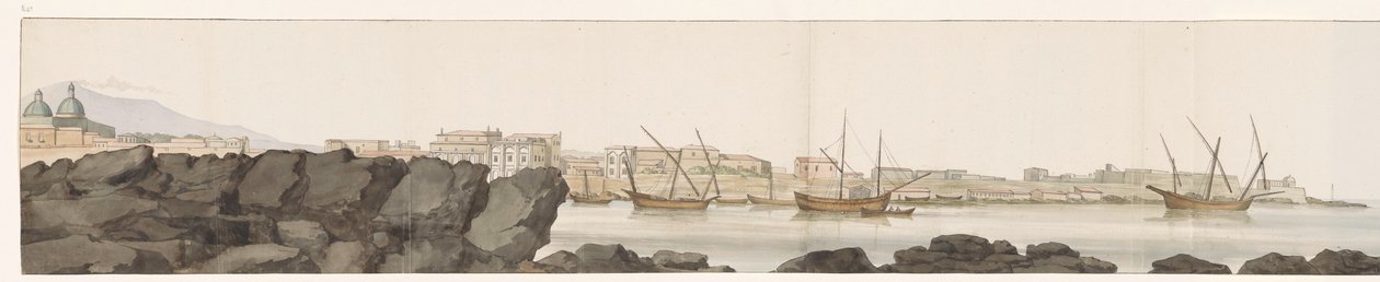 Kilátás Catania kikötőjére Vue du Port de Catane (cím az objektumon) Voyage en Italy, en Sicile et à Malte – 1778 (sorozat címe) alkotó: Louis Ducros