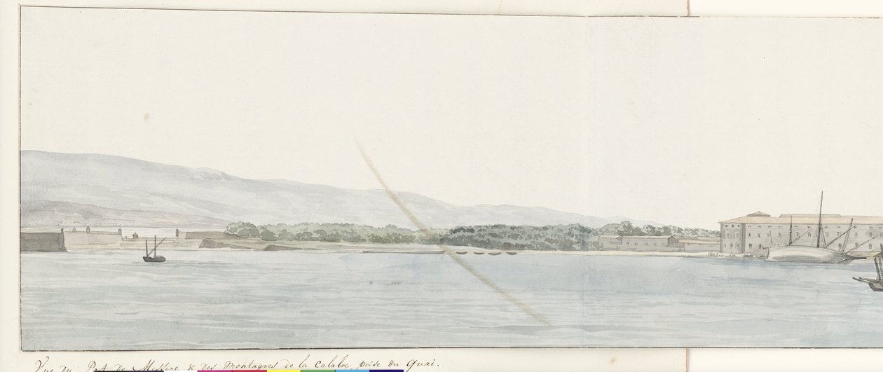 Gezicht op haven van Messina en bergen van Calabrië vanaf kade Kilátás Messina kikötőjére és Calabria hegyeire, a rakpartról (cím a tárgyon) Utazások Olaszországban, Szicíliában és Máltán - 1778 (sorozat címe) alkotó: Louis Ducros