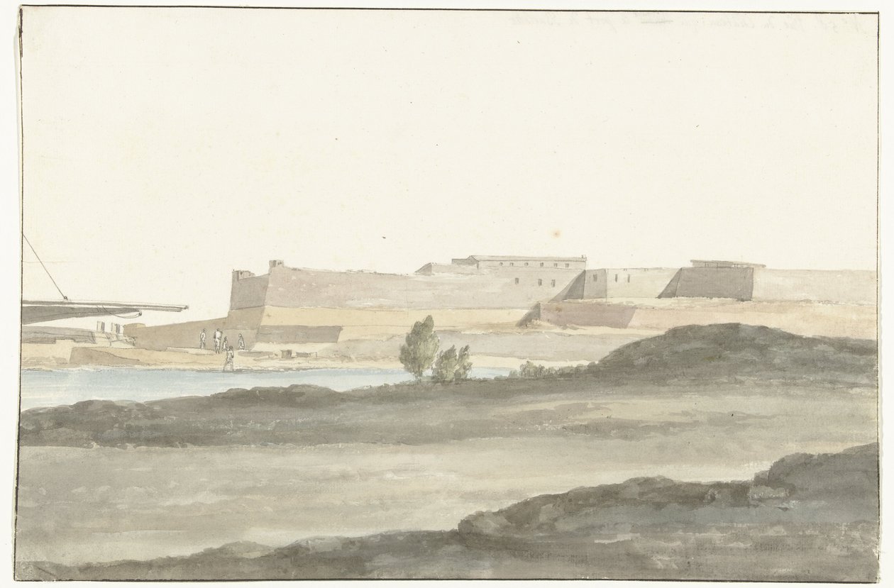 Kilátás a kastélyra Barletta kikötőjében Vue du Château, qui domine le port de Barletta (cím a tárgyon) Voyage en Italy, and Sicile et à Malte – 1778 (sorozat címe) alkotó: Louis Ducros