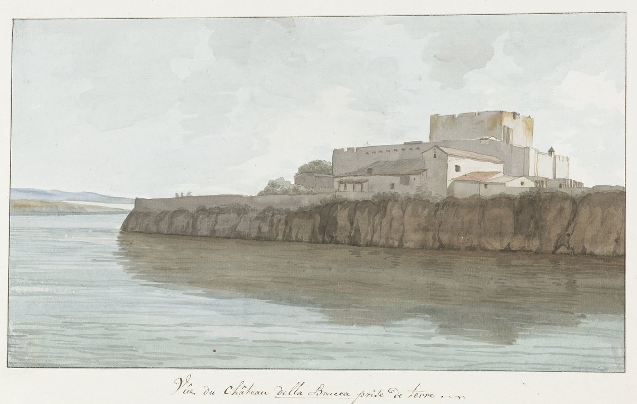 Gezicht op kasteel van Brucoli, „La Bruca” A della Brucca kastély képe a földről (cím a tárgyon) Utazások Olaszországban, Szicíliában és Máltán - 1778 (sorozat címe) alkotó: Louis Ducros