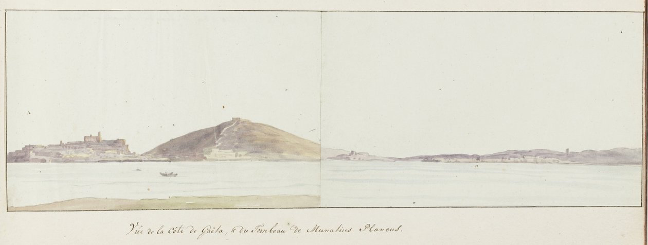 Gezicht op kust van Gaeta en Munatius Plancus mauzóleuma (Lucio Munazio Planco) Vue de la côte de Gaëta és du Tombeau de Munatius Plancus (cím a tárgyon) Voyage en Italie, en Sicile et à Malte – 1778 (sorozat címe) alkotó: Louis Ducros