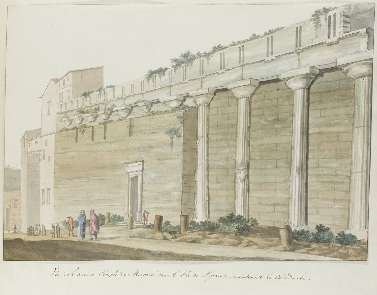 Gezicht op oude Minerva templom Syracuse Eilandban Kilátás az ősi Minerva-templomra Siracusa szigetén (cím a tárgyon) Utazások Olaszországban, Szicíliában és Máltán - 1778 (sorozat címe) alkotó: Louis Ducros