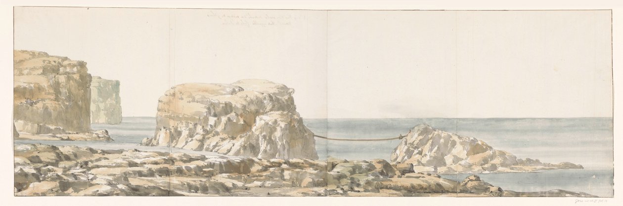 Gezicht op rots losgeraakt van kust inham van Gozo Kilátás a Ghozo partjáról leválasztott sziklára az Anse-ban, a Calata Dulyra (cím a tárgyon) Utazások Olaszországban, Szicíliában és Máltán - 1778 (sorozat címe) alkotó: Louis Ducros