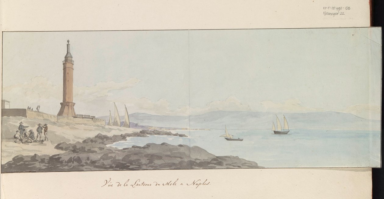 Kilátás a világítótoronyra a nápolyi kikötő fejénél Vue de la Lanterne du Mole à Naples (cím a tárgyon) Voyage en Italy, and Sicile et à Malte – 1778 (sorozat címe) alkotó: Louis Ducros