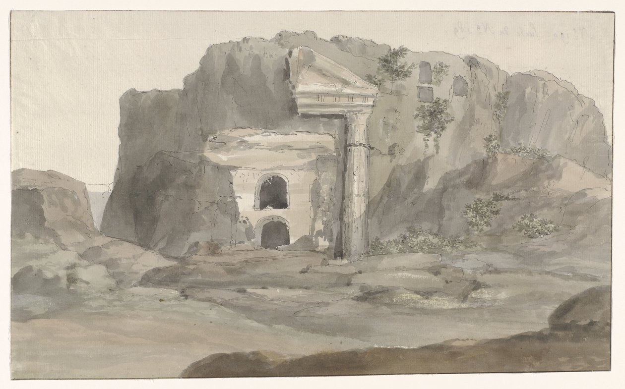 Sírok dór stílusú homlokzattal, sziklába vésve Syracuse közelében Voyage en Italy, and Sicile et à Malte – 1778 (sorozat címe) alkotó: Louis Ducros