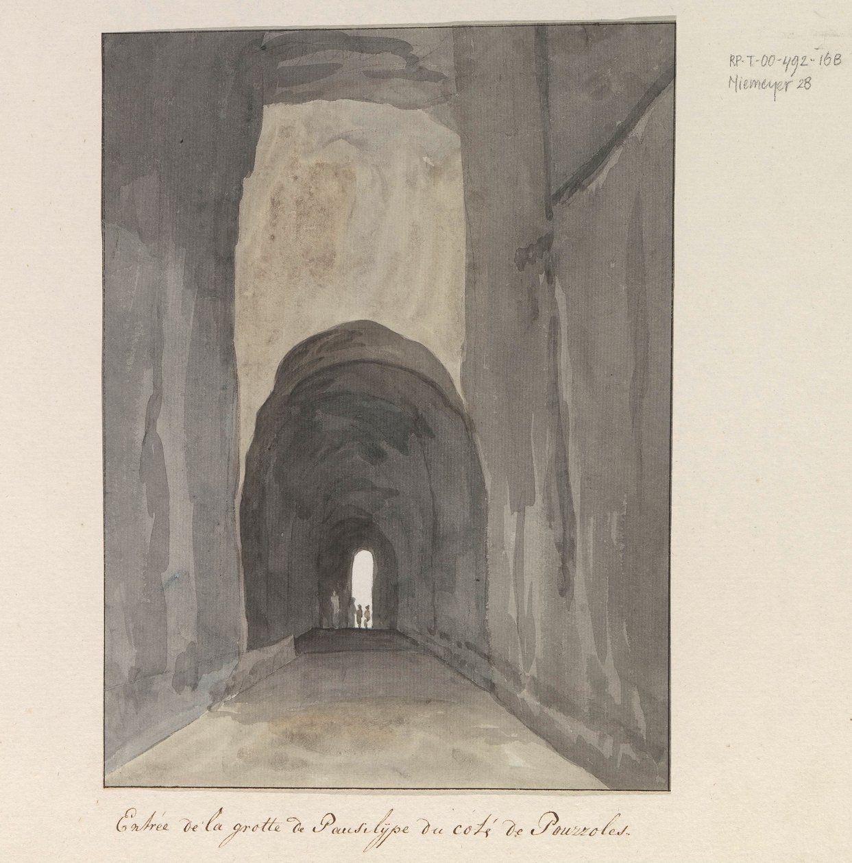 Ingang van grot Crypta Neapolitana (a Grotta di Posillipo) és a kust van Pozzuoli A Pozzuoli melletti Pausilype-barlang bejárata (cím az objektumon) Utazások Olaszországban, Szicíliában és Máltán - 1778 (sorozat címe) alkotó: Louis Ducros