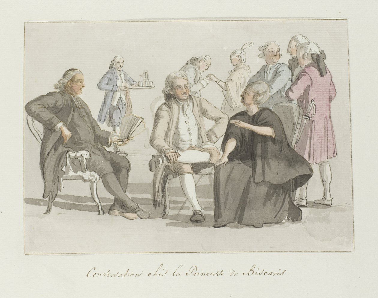 A túracsoport tagjai Biscaris hercegnőjével beszélgetnek Conversation chés la Princesse de Biscaris (cím a tárgyon) Voyage en Italy, and Sicile et à Malte – 1778 (sorozat címe) alkotó: Louis Ducros