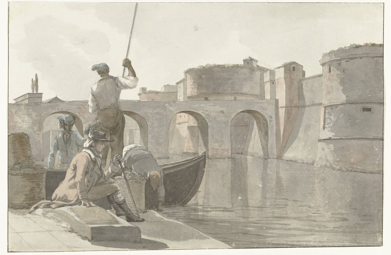 Új vestingsgracht van de vestingwerken Tarantóban Kilátás a Taranto Citadella új árkára (cím a tárgyon) Utazások Olaszországban, Szicíliában és Máltán - 1778 (sorozat címe) alkotó: Louis Ducros
