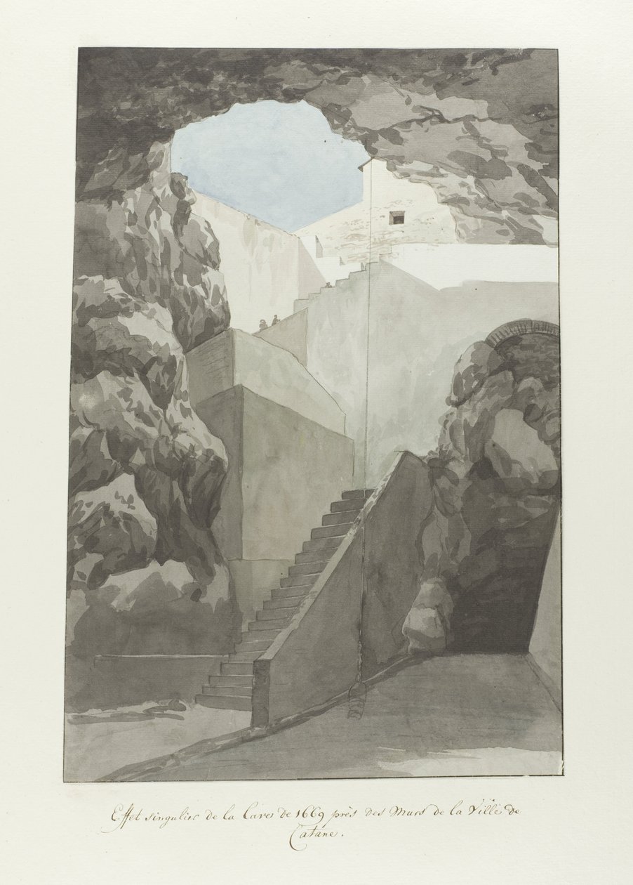 Figyelemre méltó lávasziklák 1669-ből Catania városfalainál Effet singular de la lave de 1669 près des mur de Catane (cím a tárgyon) Voyage en Italy, and Sicile et à Malte – 1778 (sorozat címe) alkotó: Louis Ducros